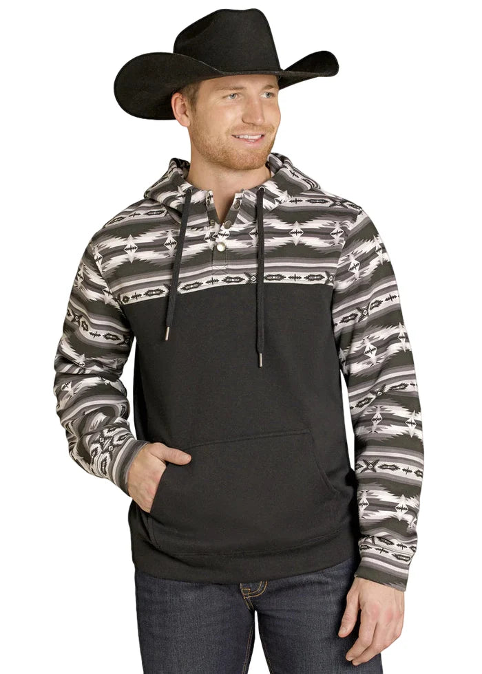 Rock & Roll Cowboy Men's Black Color Blocked Aztec Print Western 1/4 Snap Hoodie BM94T07703