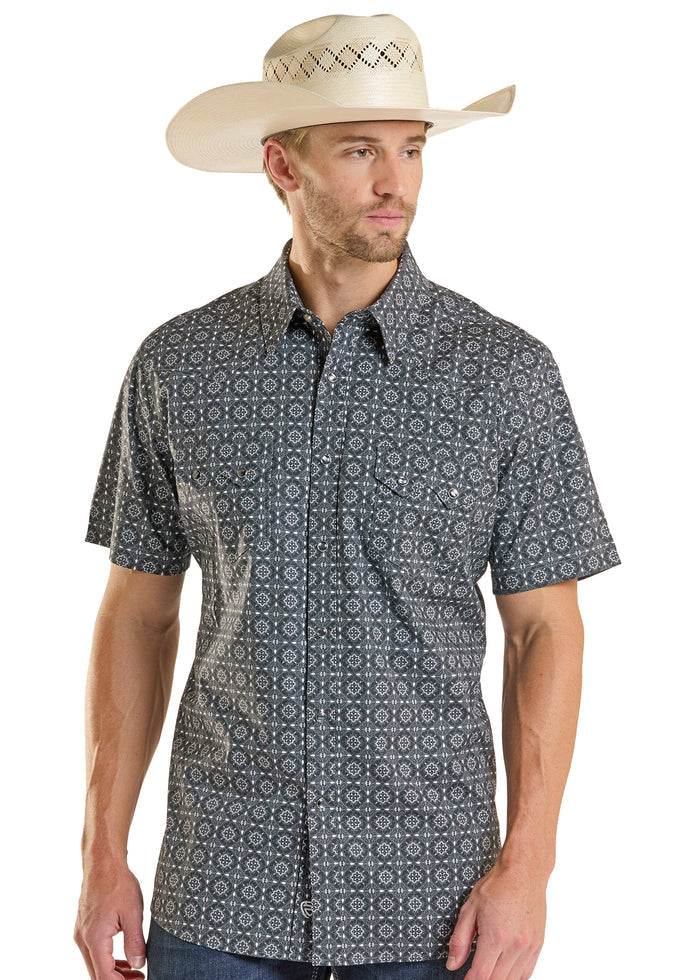 Rock & Roll Cowboy Men's Black Medallion Modern Fit Pearl Snap Short Sleeve Western Shirt BMN3S08677