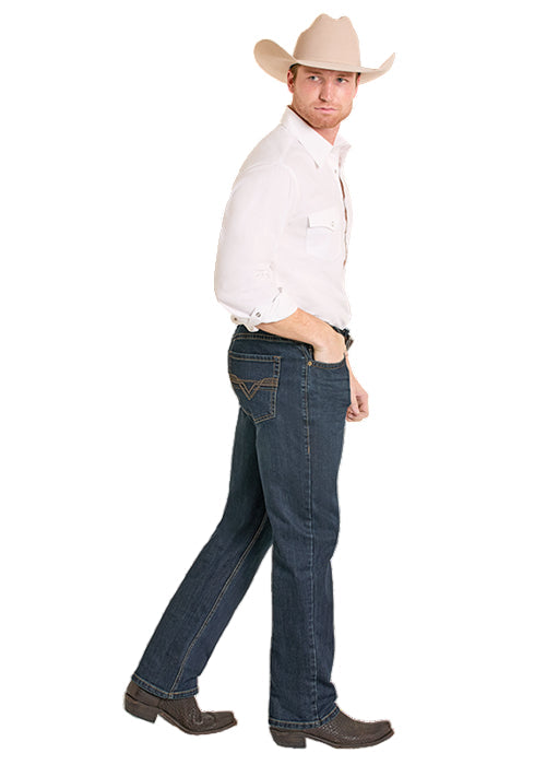 Rock & Roll Cowboy Men's Dark Wash Double Barrel Pleather Emblem Stackable Boot Cut Jeans BMTBD08006