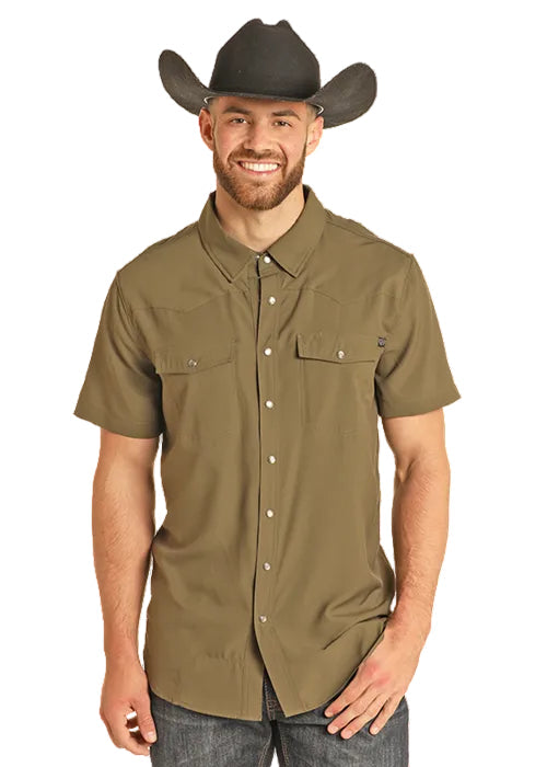 Rock & Roll Cowboy Men's Solid Olive Tek Western Ripstop Pearl Snap Short Sleeve Shirt BMN3S06797OL