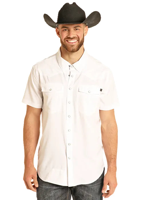 Rock & Roll Cowboy Men's Solid White Tek Western Ripstop Pearl Snap Short Sleeve Shirt BMN3S06797WH
