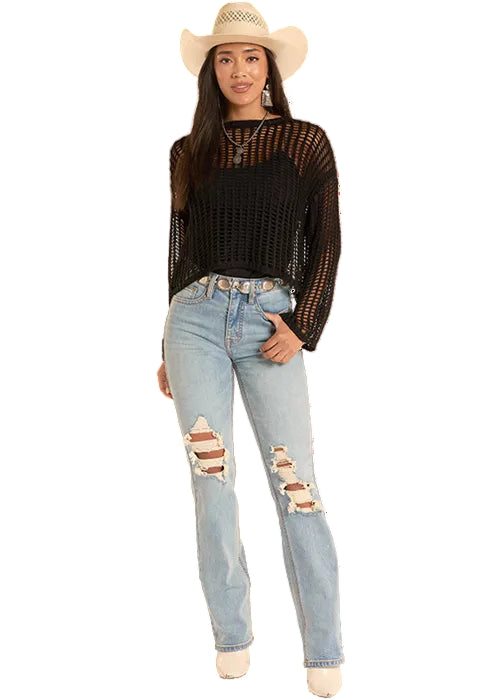 Rock & Roll Cowgirl Black Open Knit Cropped Long Sleeve Sweater BW32T08803