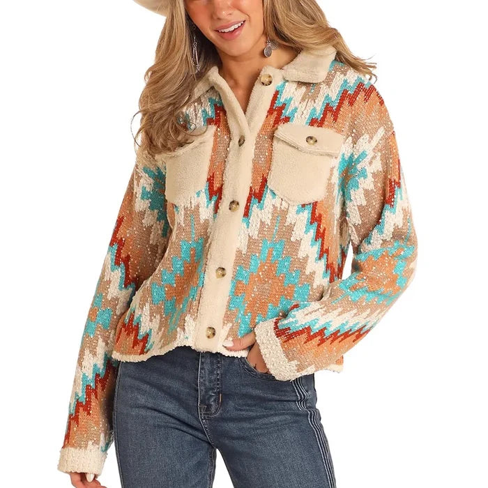 Rock & Roll Cowgirl Cream Aztec Print Button Long Sleeve Sweater BW32T05275
