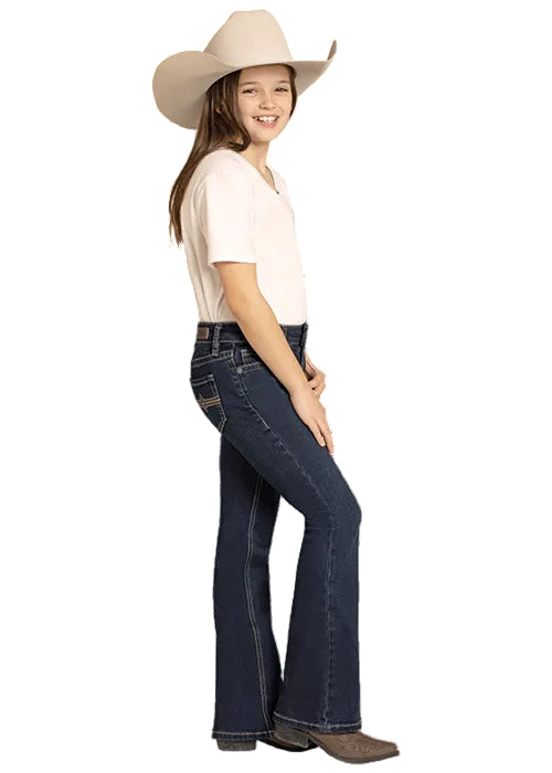 Rock & Roll Cowgirl Girl's Rhinestone Diamond Emblem Dark Wash Boot Cut Jeans BG4MD08056