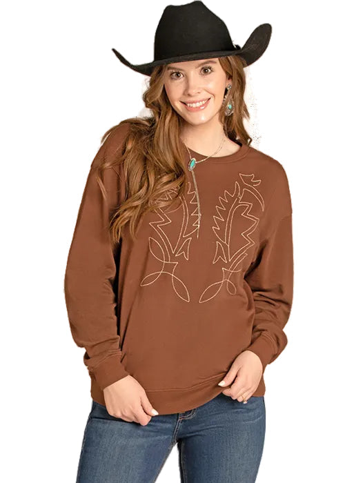 Rock & Roll Cowgirl Women's Brown Boot Stitch Embroidered Oversized Pullover BW91T07780