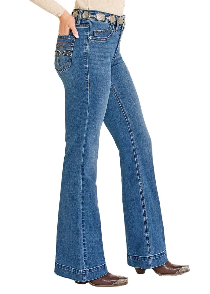 Rock & Roll Cowgirl Women's Flawless Fit Medium Wash High-Rise Boot Stitch Trouser Jeans BW5HD07884