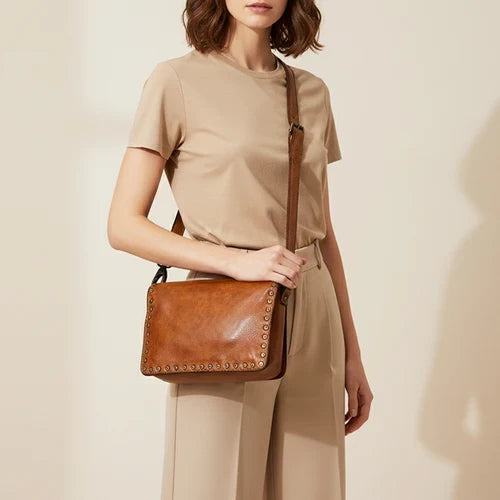 Spaghetti Western Bronella Dark Tan Genuine Leather Riveted Crossbody Bag SWC193TAN