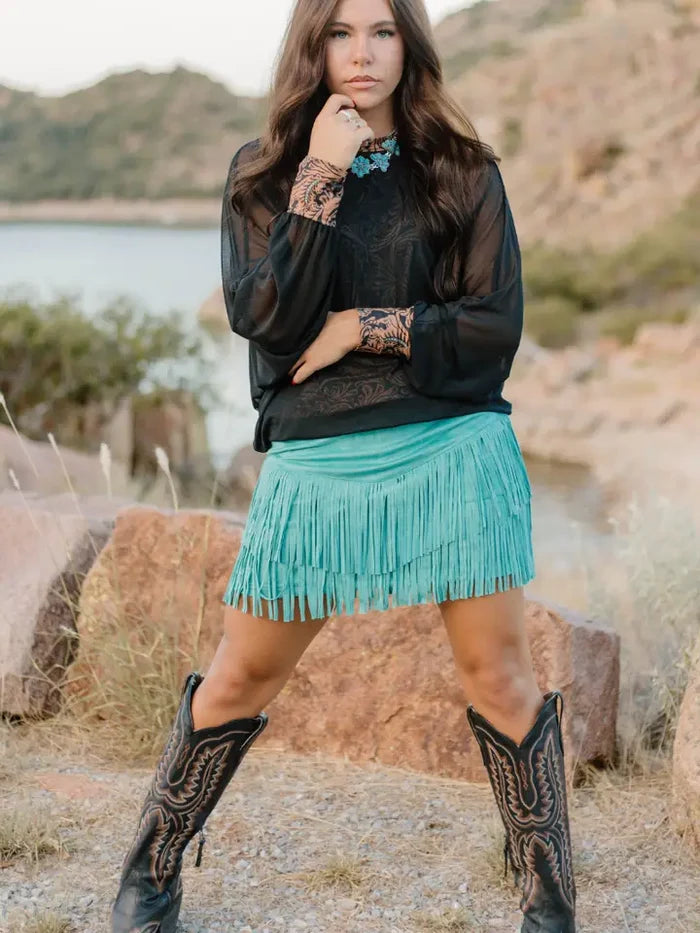 Sterling Kreek Women's Western Dreams Tooled Leather Print Tank & Black Mesh Overlay Long Sleeve Top