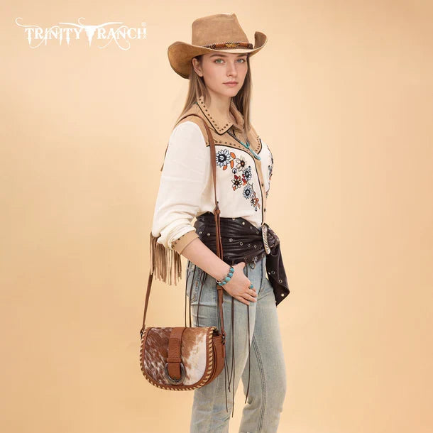 Trinity Ranch Brown Hair-On Cowhide Saddle Crossbody Bag TR204-8360