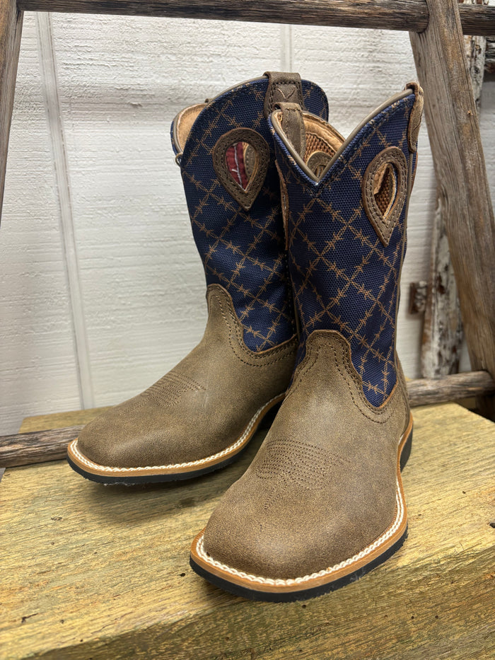 Twisted X Children/Youth Top Hand Bomber Brown & Navy Blue Square Toe Western Boot YTH0031