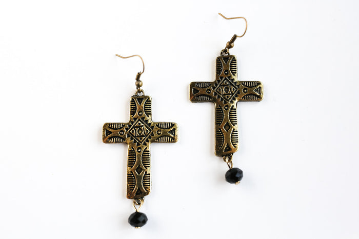 West & Co Evant Gold Tone Tribal Design Cross With Black Crystal Dangle Earrings E999BLK