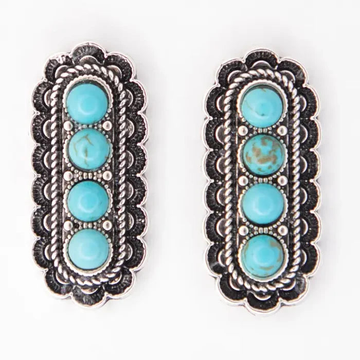 West & Co Turquoise & Burnished Silver 4 Stone Stamped Border Rectangle Earrings E1416