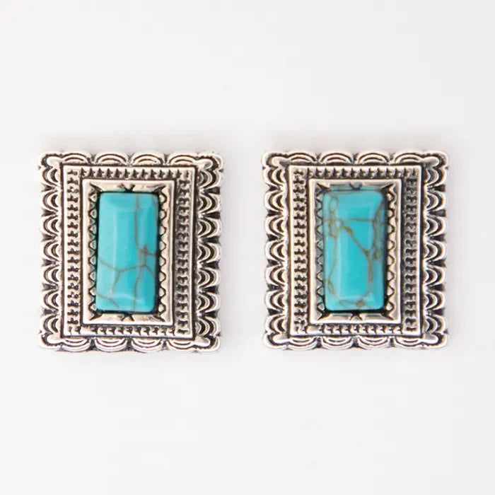 West & Co Turquoise Rectangle Burnished Silver Stamped Border Earrings E1413