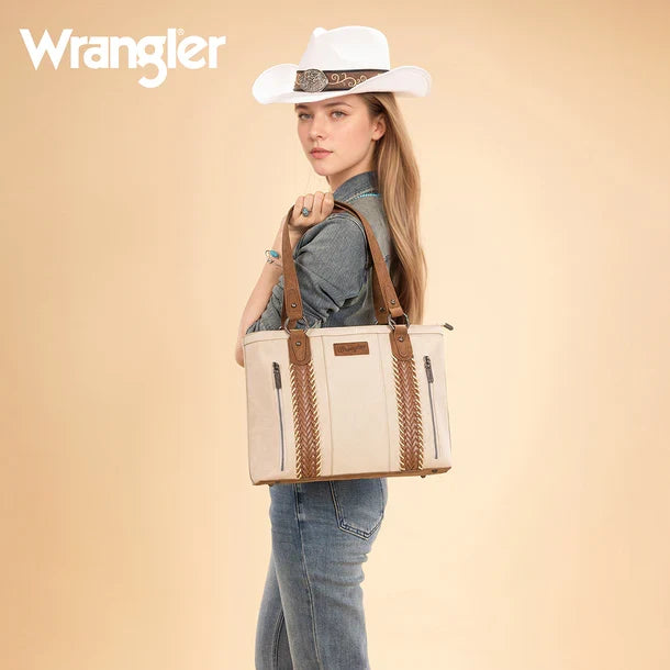 Wrangler Beige Braided Whipstitch Zippered Large Tote WG217-2002BG