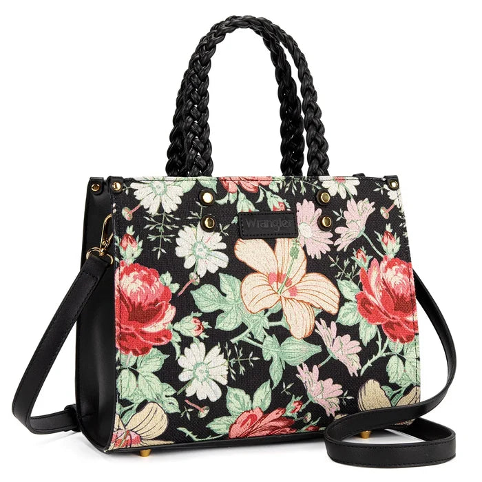 Wrangler Black Floral Print Braided Handle Large Tote Bag/Crossbody WG438-8130BK
