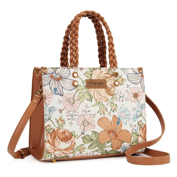 Wrangler Brown Floral Print Braided Handle Tote Bag/Crossbody WG438-8120BR