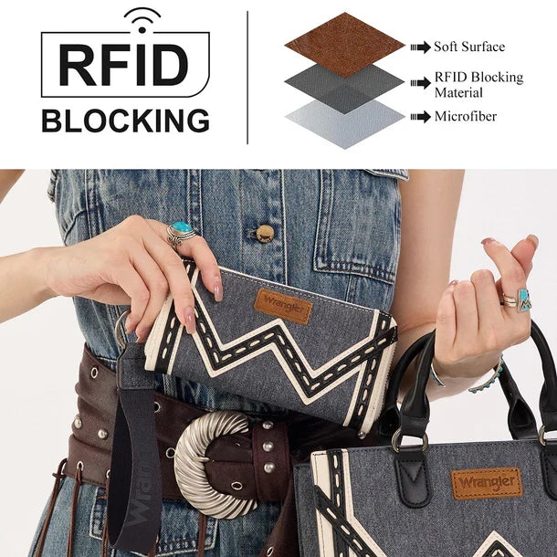 Wrangler Dark Jean Chevron Contrast Stitch Wristlet Clutch Wallet WG456-W130DJN