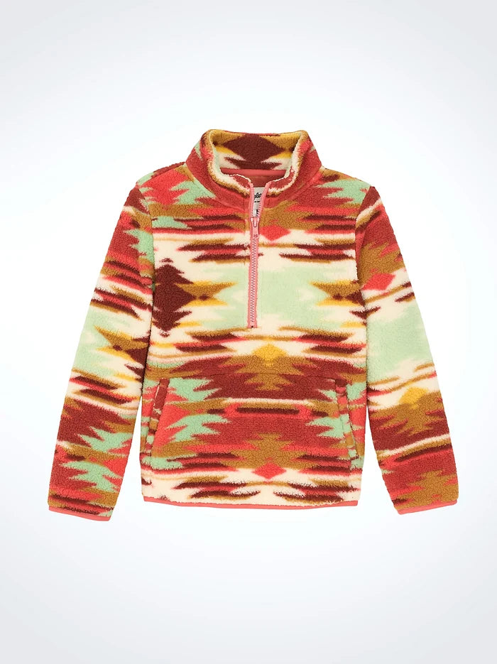 Wrangler Girl's Green & Red Southwestern Aztec 1/4 Zip Sherpa Pullover 112367539