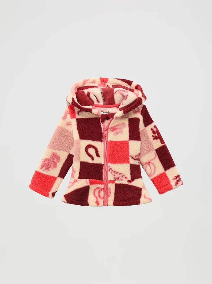 Wrangler Infant Pink Western Checkered Print Ruffle Hem Hooded Sherpa Jacket 112371939