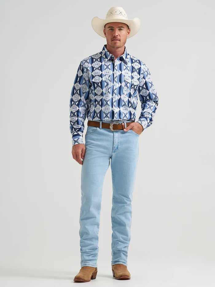 Wrangler Men's Blue Diamondback Checotah Print Pearl Snap Long Sleeve Western Shirt 112374917