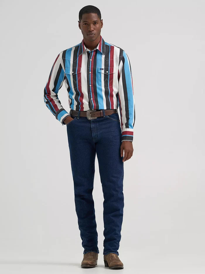 Wrangler Men's Blue Raspberry Striped Brushpopper Pearl Snap Long Sleeve Western Shirt 112374804