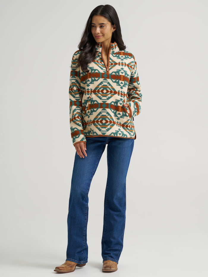Wrangler Retro Women's High Plains Dark Turquoise Aztec Print 1/4 Zip Sherpa Pullover 112382729