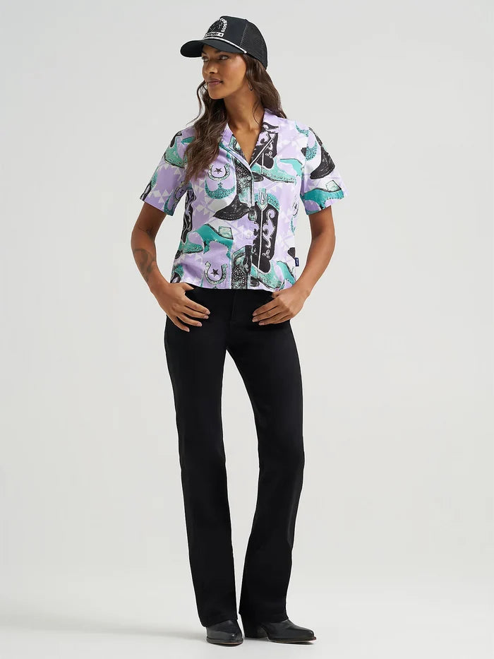 Wrangler Retro Women's Purple Cowgirl Western Print Button Short Sleeve Camp Shirt 112375109
