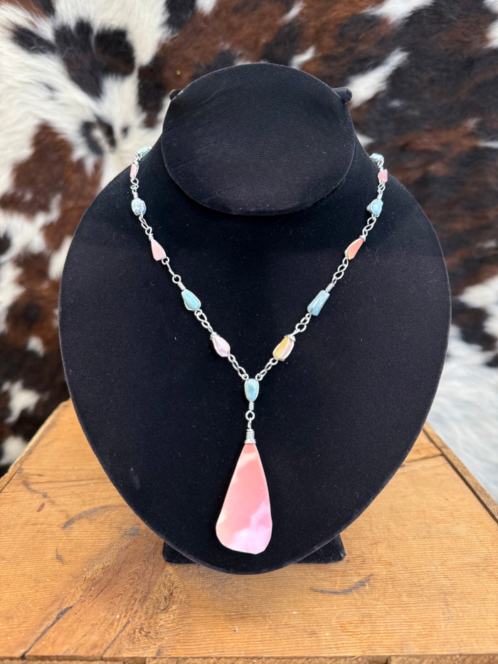 Handmade Larimar Natural Stone & Conch Pendant Silver Chain Necklace