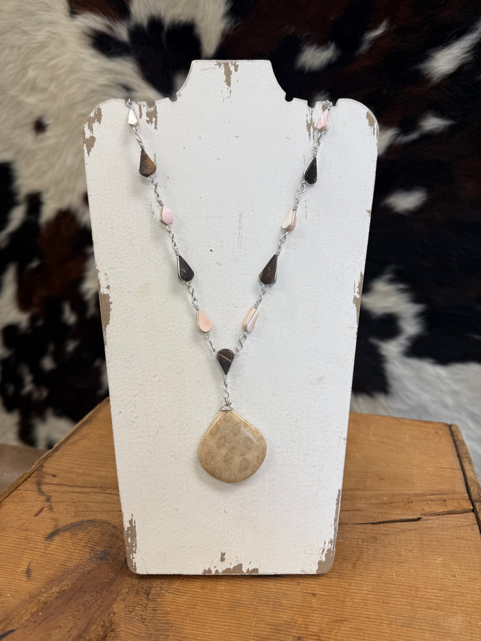 Handmade Seashell & Petrified Wood Pendant Silver Chain Necklace