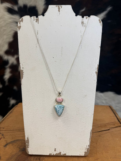 Handmade Conch & Larimar Triangle Natural Stone Pendant Sterling Silver Necklace