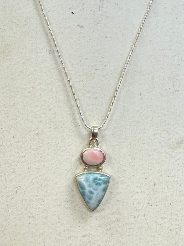Handmade Conch & Larimar Triangle Natural Stone Pendant Sterling Silver Necklace