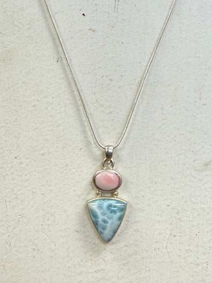 Handmade Conch & Larimar Triangle Natural Stone Pendant Sterling Silver Necklace