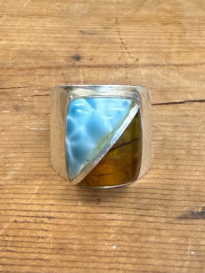 Handmade Larimar Natural Stone & Amber Sterling Silver Ring