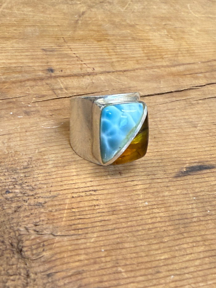 Handmade Larimar Natural Stone & Amber Sterling Silver Ring