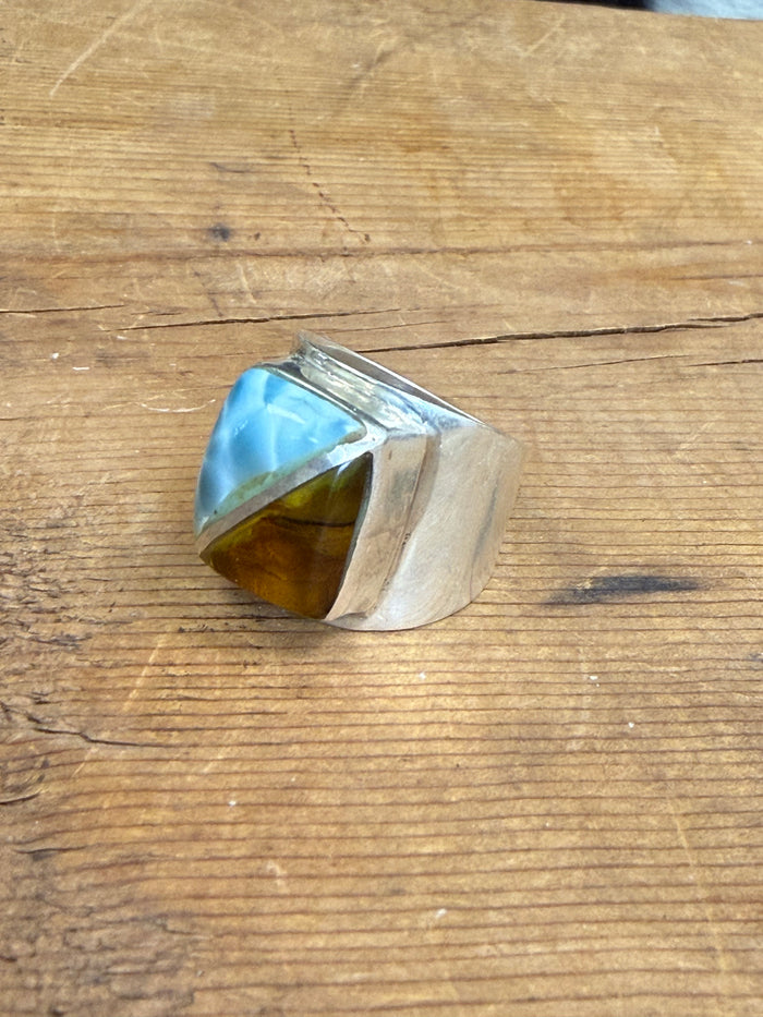Handmade Larimar Natural Stone & Amber Sterling Silver Ring