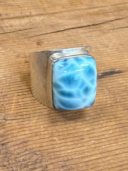 Handmade Larimar Natural Stone & Amber Sterling Silver Ring