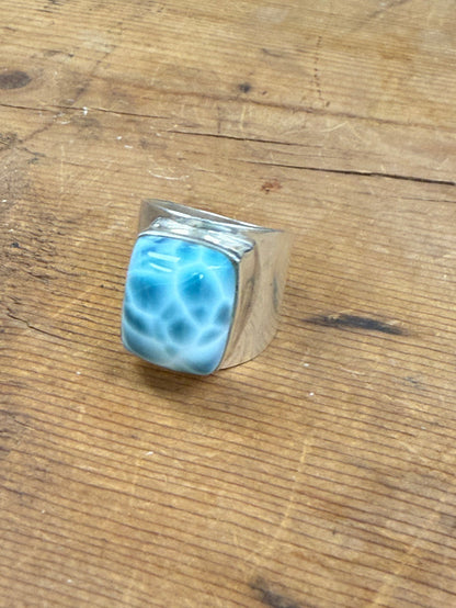 Handmade Larimar Natural Stone & Amber Sterling Silver Ring