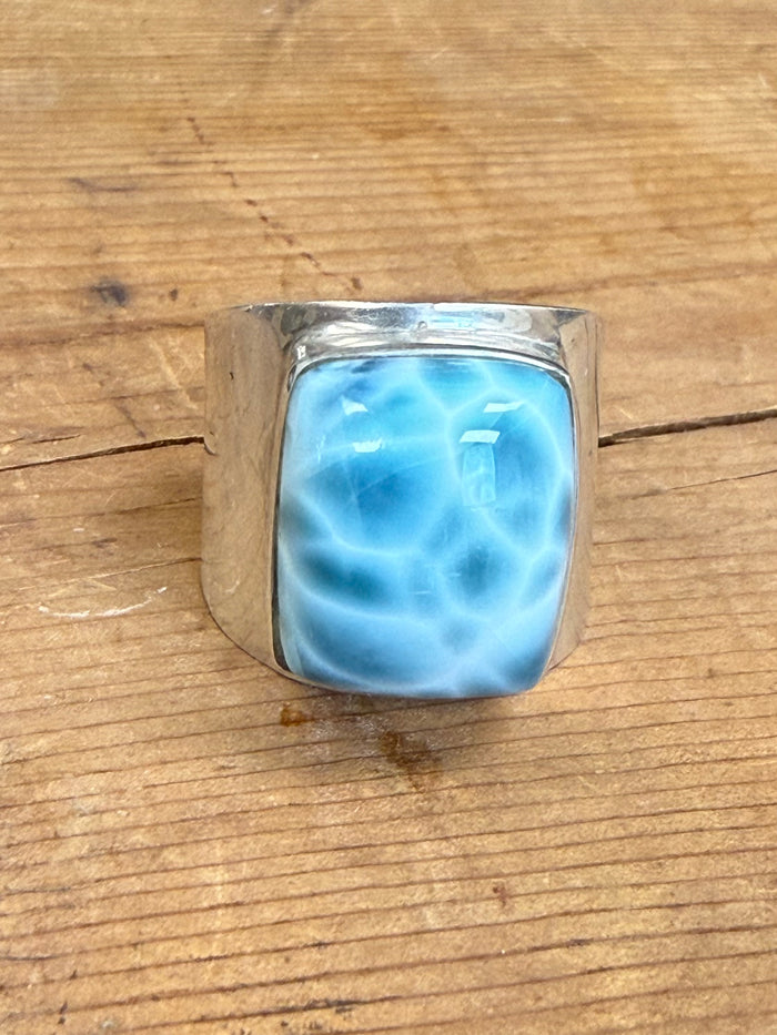 Handmade Larimar Natural Stone & Amber Sterling Silver Ring