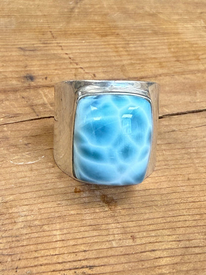 Handmade Larimar Natural Stone & Amber Sterling Silver Ring