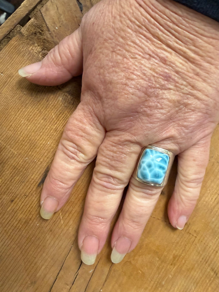 Handmade Larimar Natural Stone & Amber Sterling Silver Ring