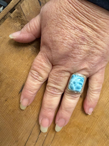 Handmade Larimar Natural Stone & Amber Sterling Silver Ring