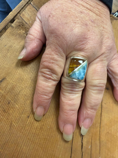 Handmade Larimar Natural Stone & Amber Sterling Silver Ring