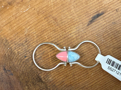 Handmade Women's Larimar Natural Stone & Conch Reversible Sterling Silver Double Band Ring