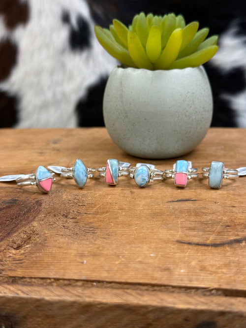Handmade Women's Larimar Natural Stone & Conch Reversible Sterling Silver Double Band Ring