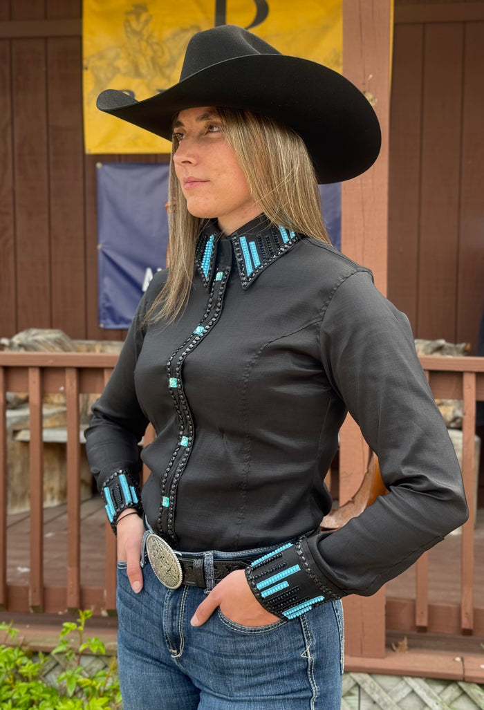RHC Equestrian Women's Black Taffeta w/ Turquoise Stones Long Sleeve Western Show Shirt 70484-BLK