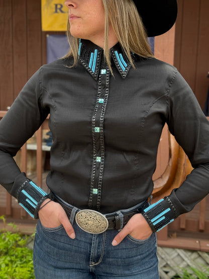 RHC Equestrian Women's Black Taffeta w/ Turquoise Stones Long Sleeve Western Show Shirt 70484-BLK