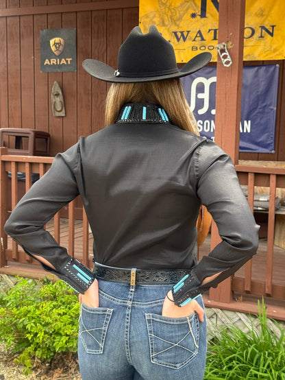 RHC Equestrian Women's Black Taffeta w/ Turquoise Stones Long Sleeve Western Show Shirt 70484-BLK