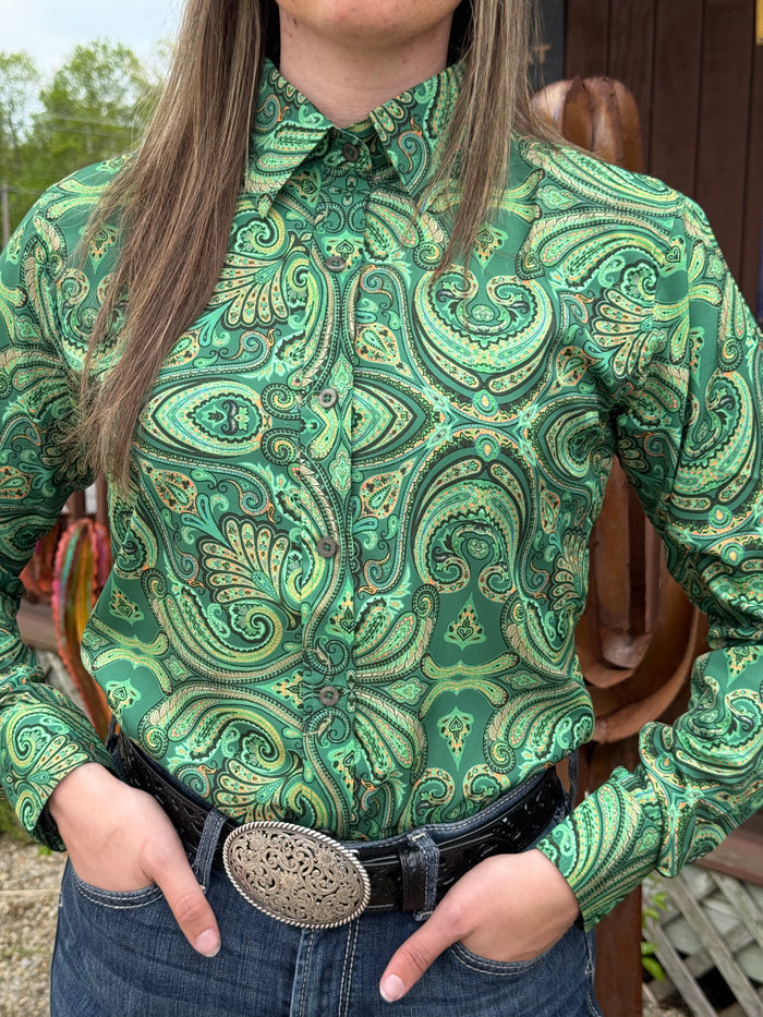 RHC Equestrian Women's Paisley Kelly Green Long Sleeve Western Show Shirt 70288