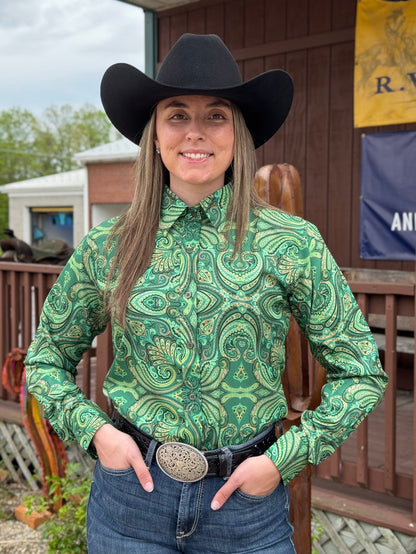 RHC Equestrian Women's Paisley Kelly Green Long Sleeve Western Show Shirt 70288