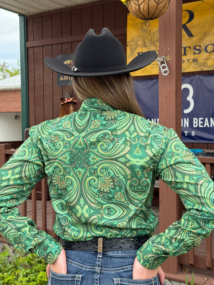 RHC Equestrian Women's Paisley Kelly Green Long Sleeve Western Show Shirt 70288